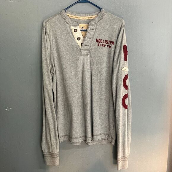 Hollister Y2K Light Gray Henley Sweater long sleeve HCO spell out XL #719 - Picture 1 of 9